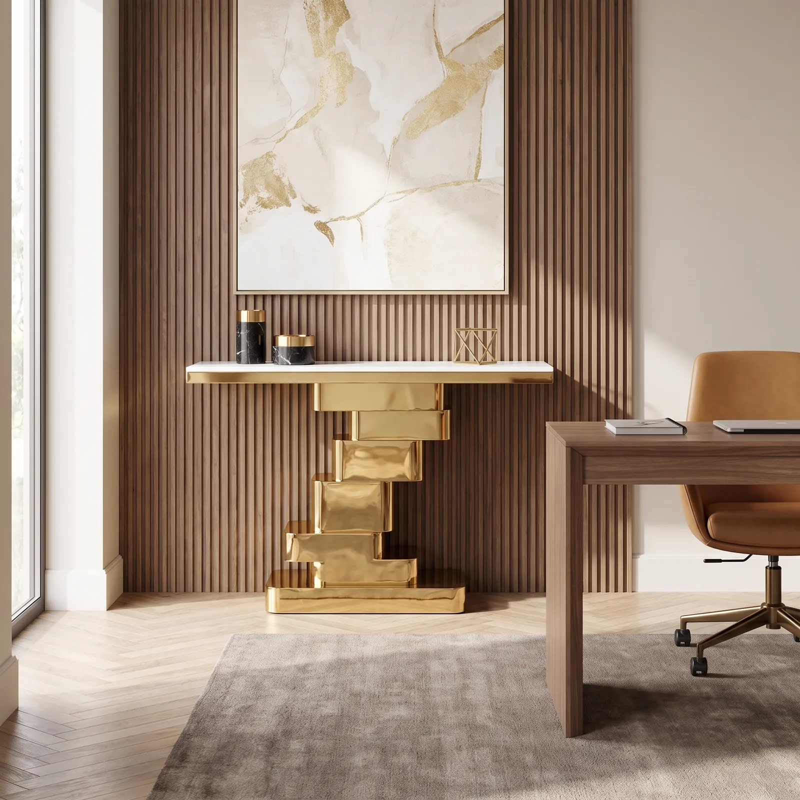 Consola escalonada de acero inoxidable con tapa de piedra sinterizada, Dorado (130*40*80cm)