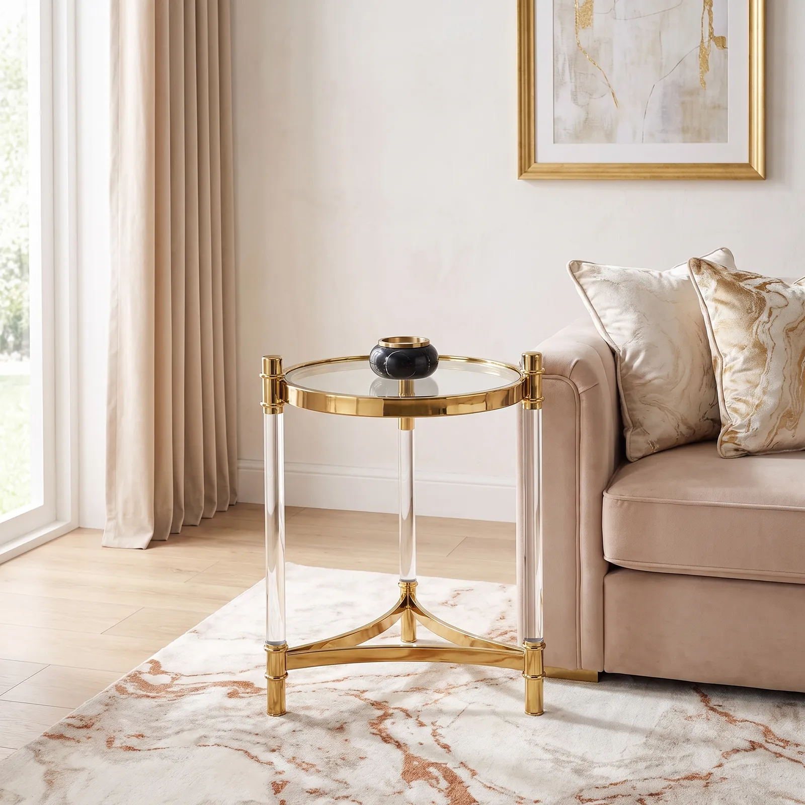 Mesa auxiliar redonda de acero inoxidable con tapa de vidrio, Dorado (45*55cm)