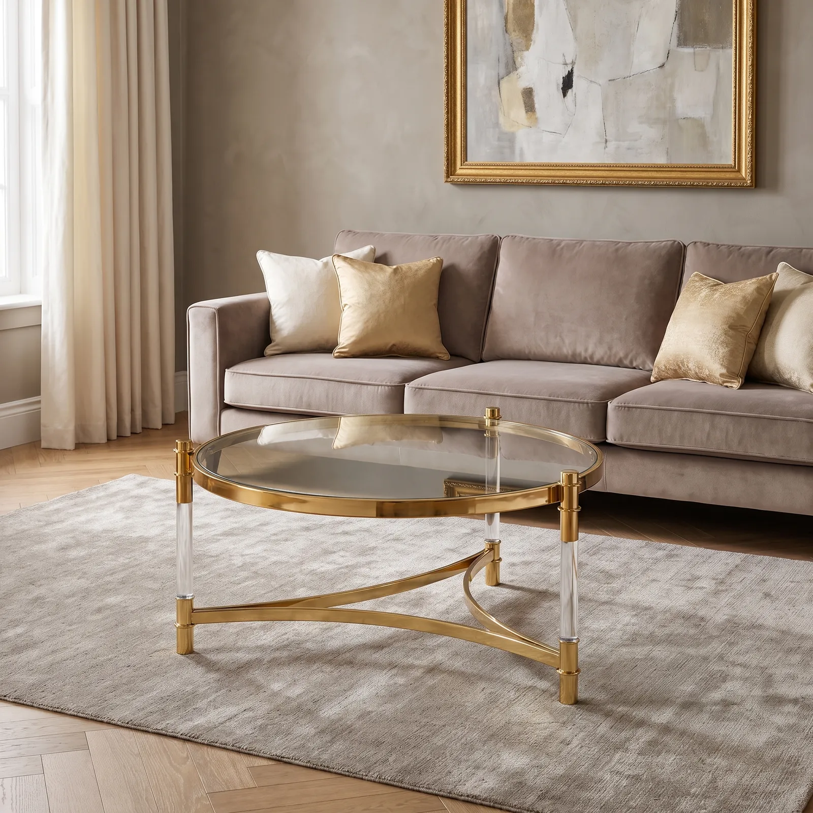 Mesa centro redonda de acero inoxidable con tapa de vidrio y patas acrílicas, Dorado (80*45cm)