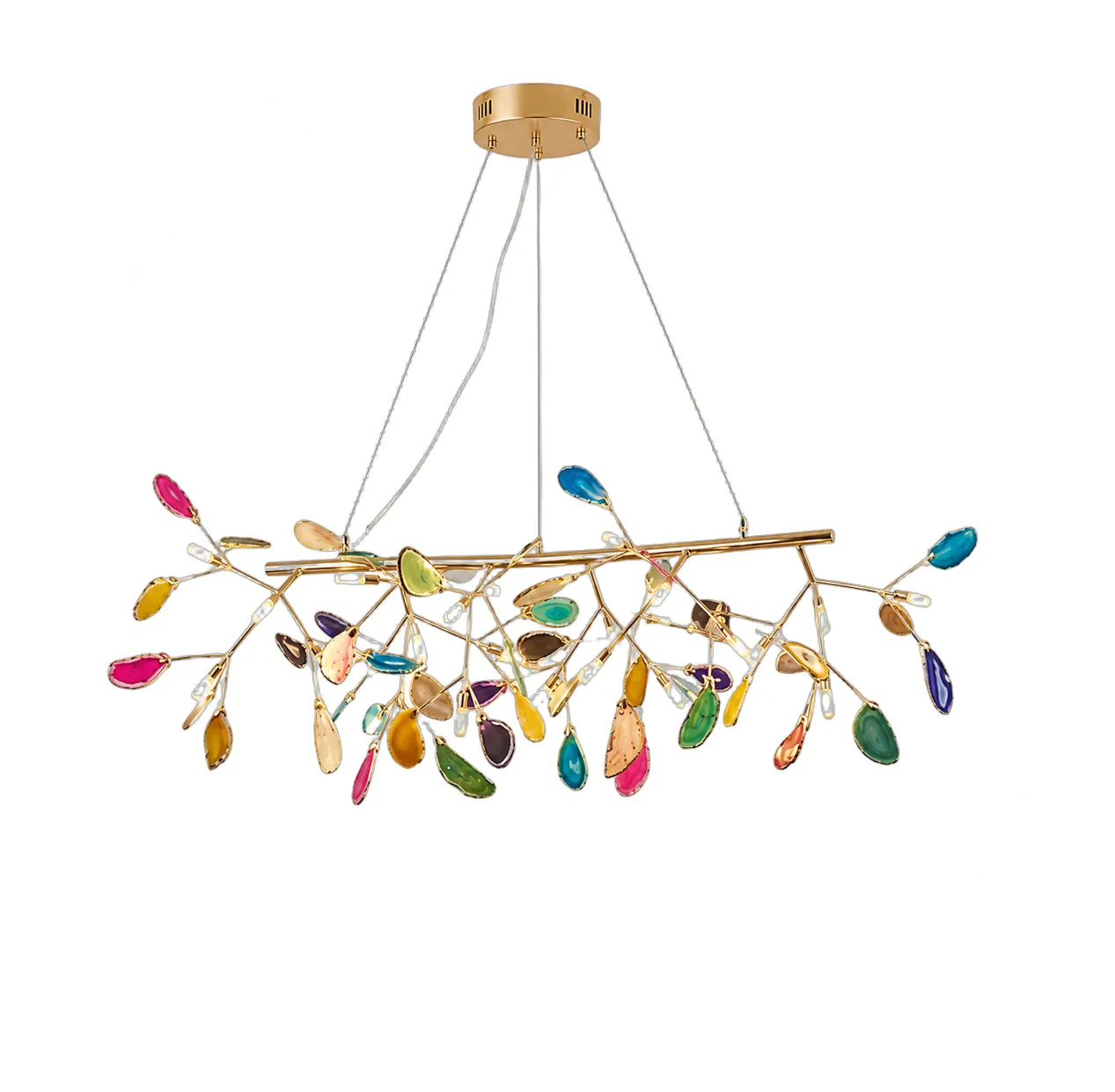 Lámpara colgante barra con ágatas, French Gold y multicolor (130*42*Regula 120cm) (16 focos G4 no incluidos)