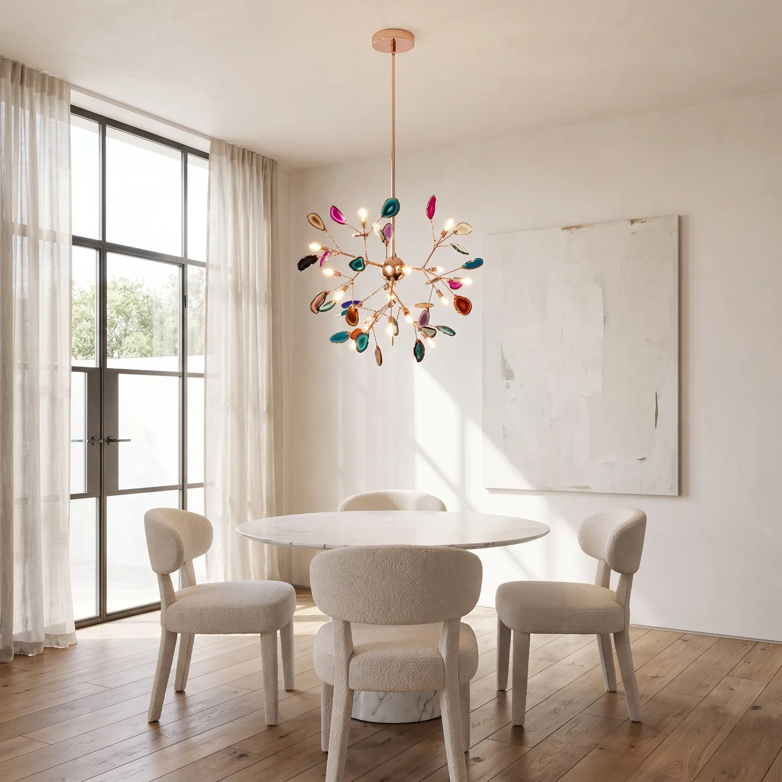 Lámpara colgante Sputnik con ágatas, French Gold y multicolor (40*50*Regula 130cm) (16 focos G4 no incluidos)