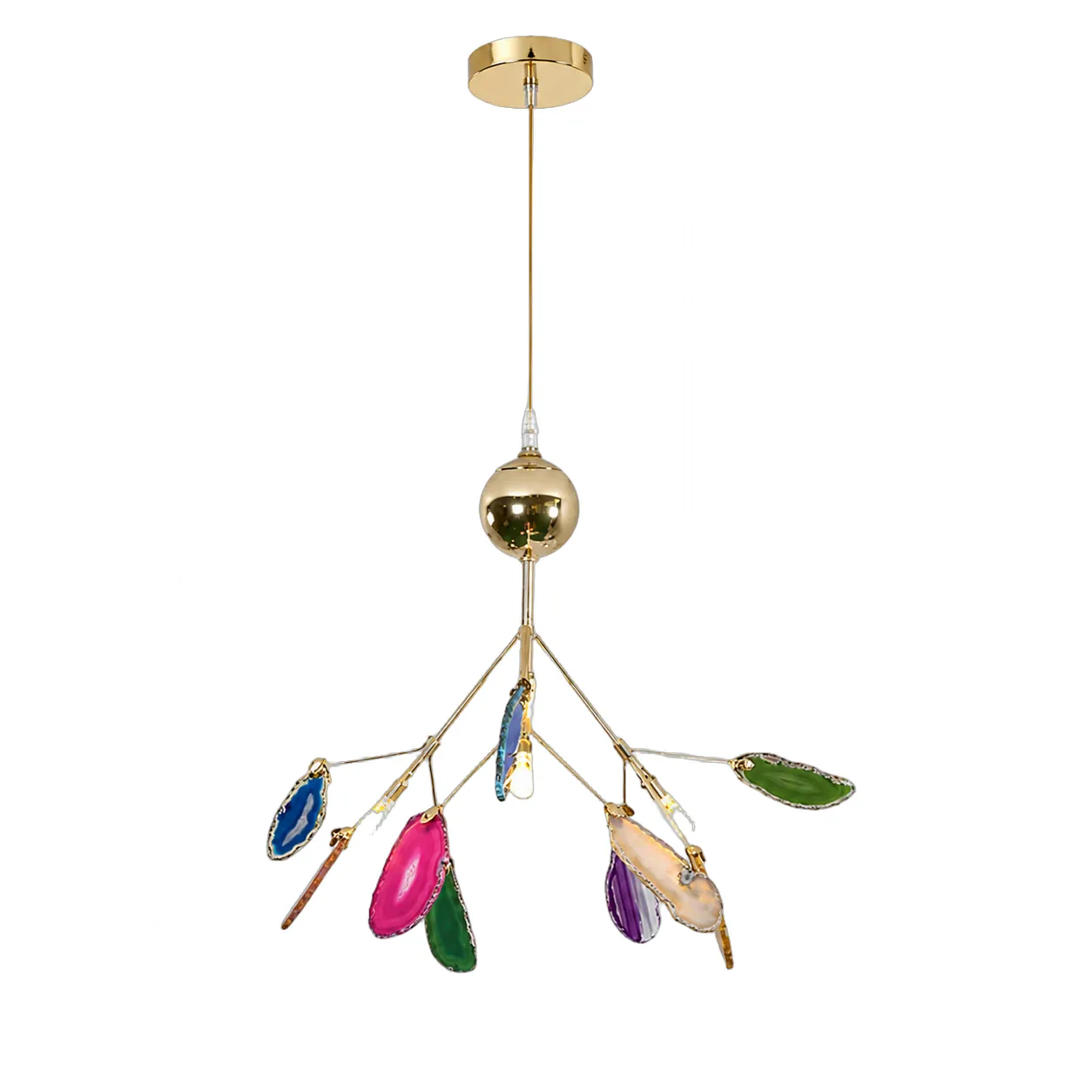Lámpara colgante ramas con ágatas pequeña, French Gold y multicolor (30*30*Regula 120cm) (4 focos G4 no incluidos)