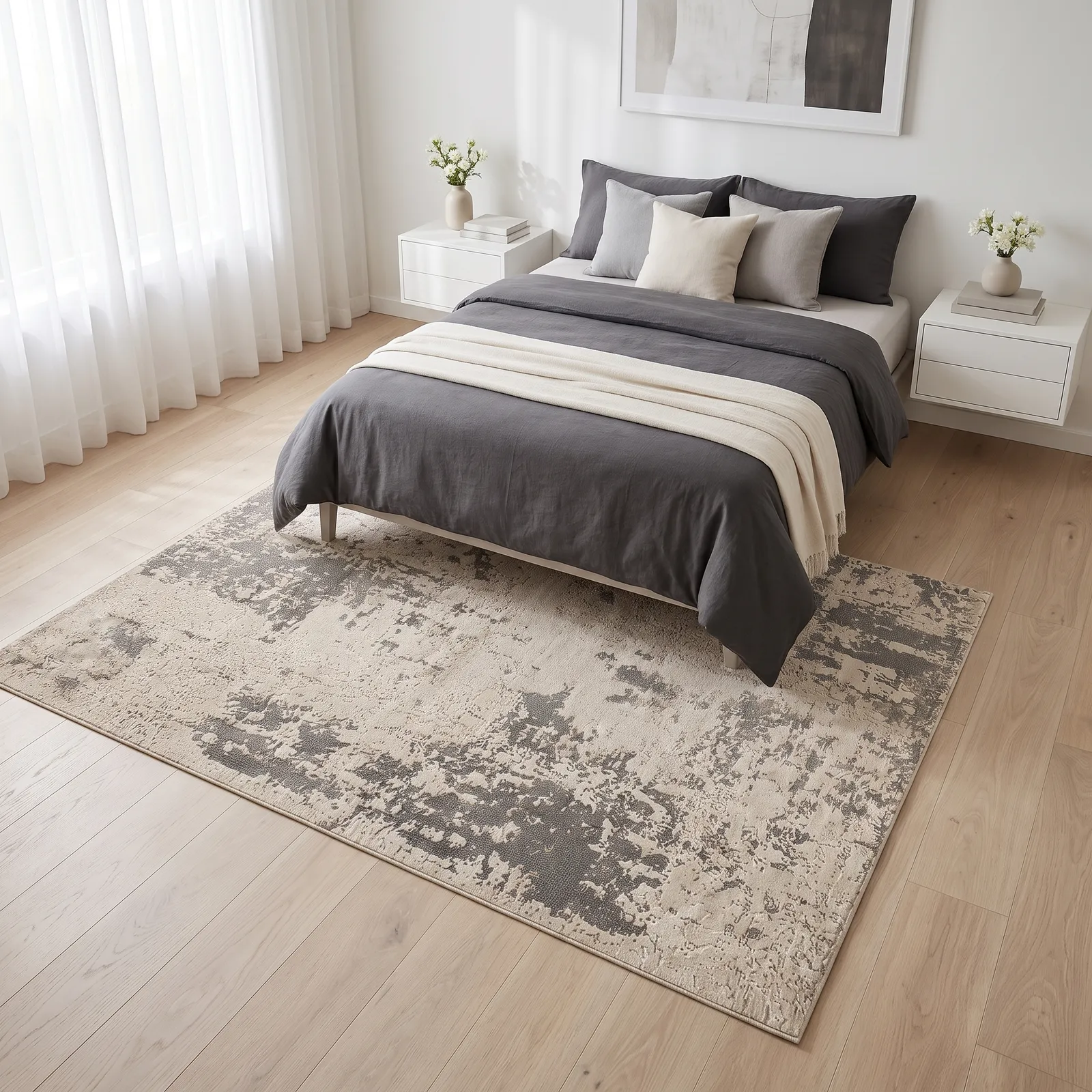 Alfombra abstracta Alicia 03 XL, Hueso y gris, grosor 2 cm, reverso de yute (240*340cm)