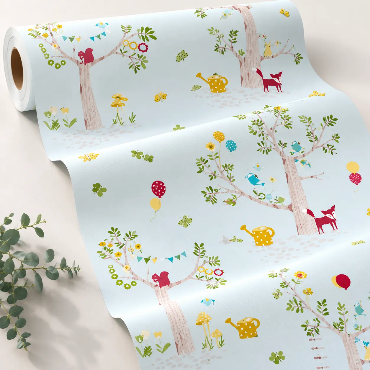 Papel tapiz infantil árbol y mariposas, Verde agua (053*10M)