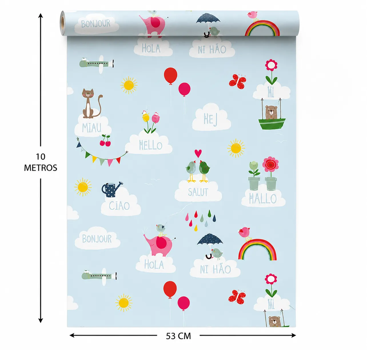 Papel tapiz infantil globos y animales, Celeste (053*10M)