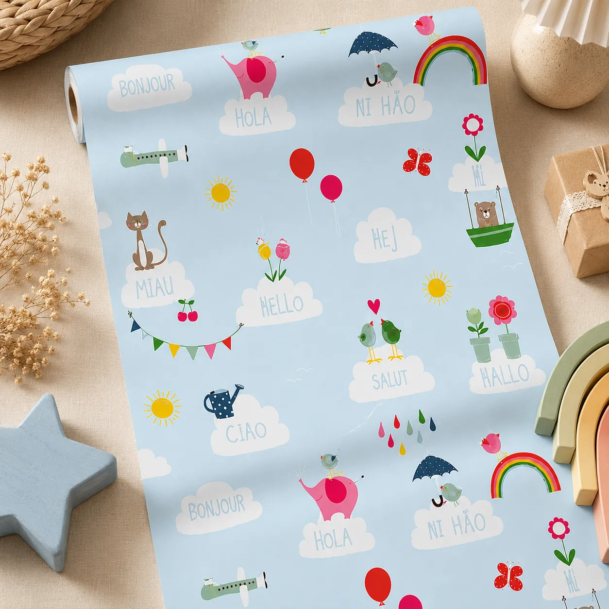 Papel tapiz infantil globos y animales, Celeste (053*10M)