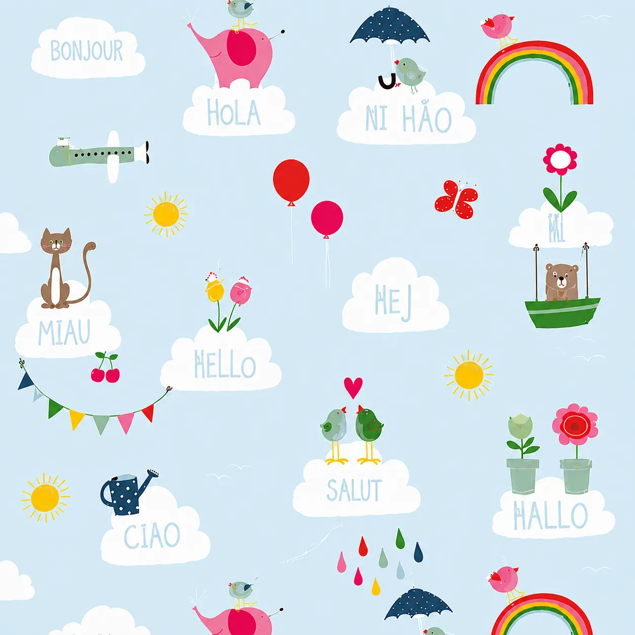 Papel tapiz infantil globos y animales, Celeste (053*10M)