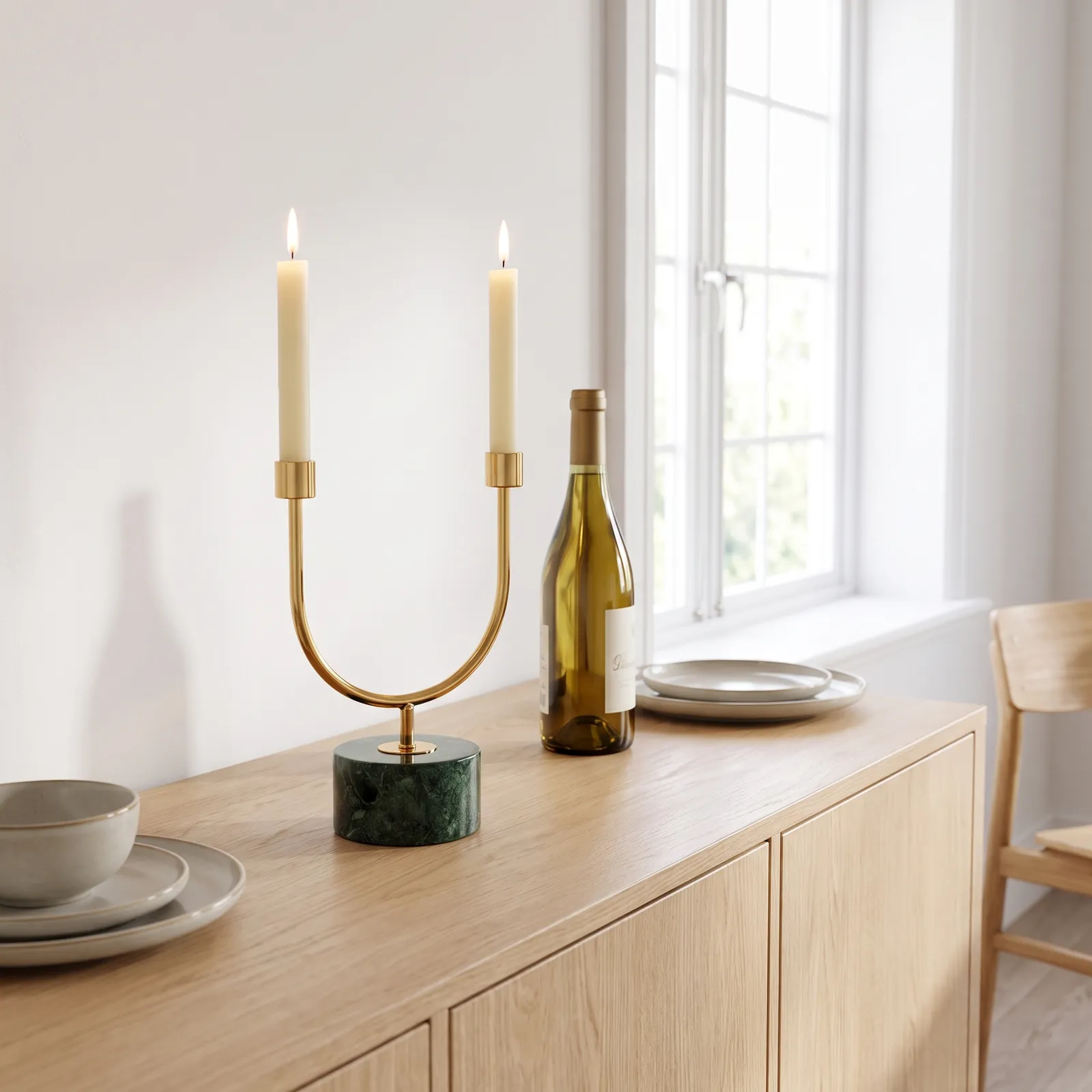 Candelabro de acero inoxidable doble brazo con base de mármol verde, Verde y dorado (22*9*27.5)