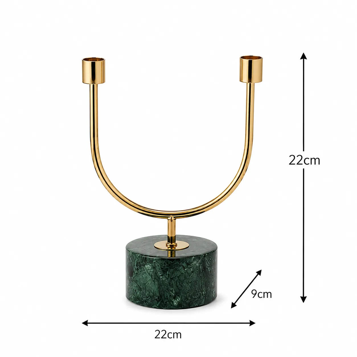 Candelabro de acero inoxidable doble brazo con base de mármol verde, Verde y dorado (22*9*27.5)