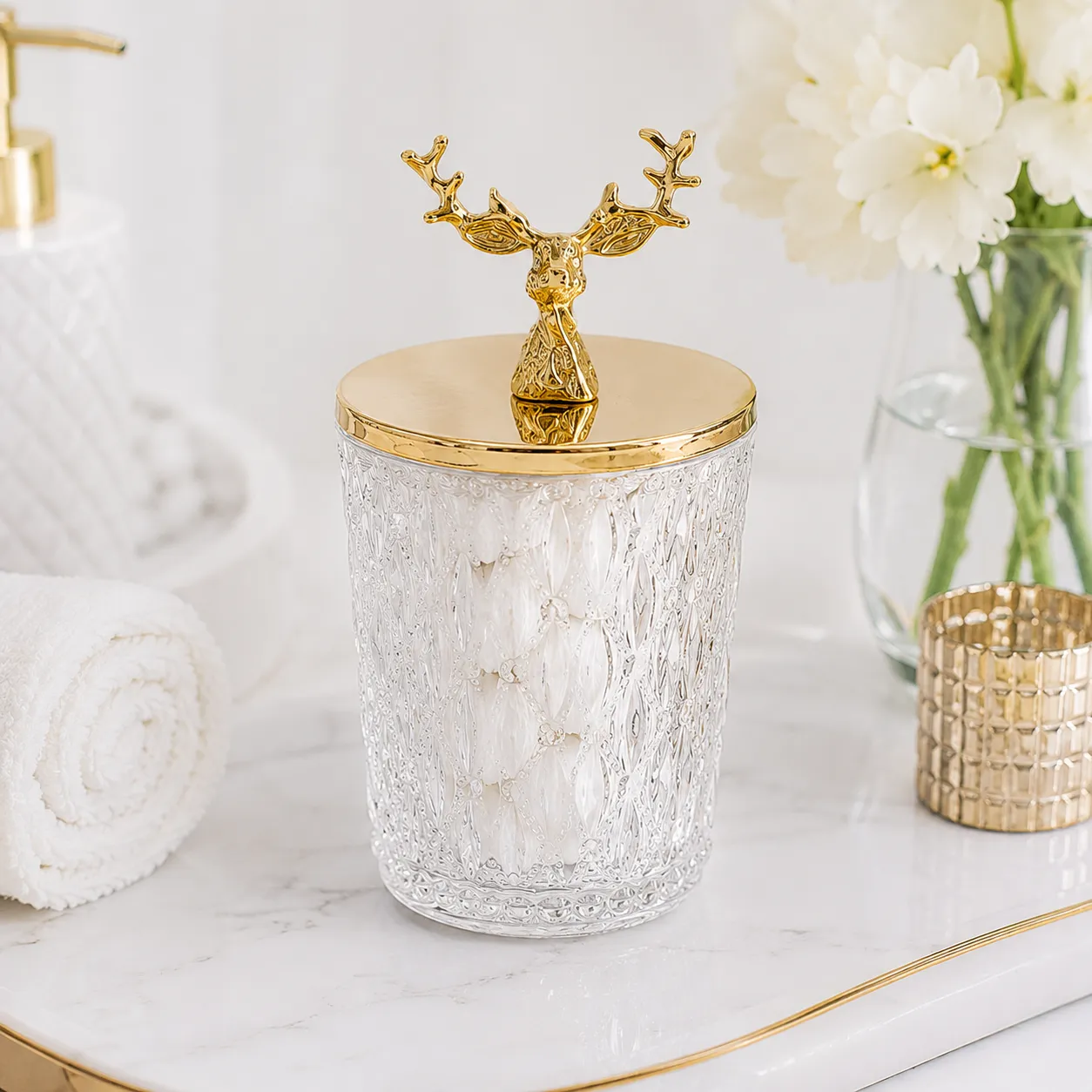 Frasco decorativo facetado con venado pequeño, Transparente y dorado (7.2*13.5cm)