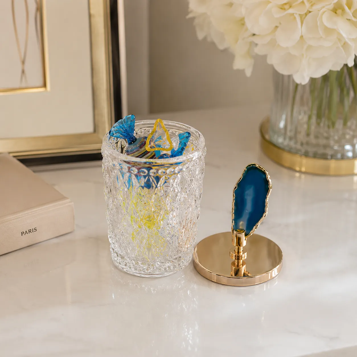Frasco decorativo facetado con ágata, Transparente y azul (7*7*18cm)