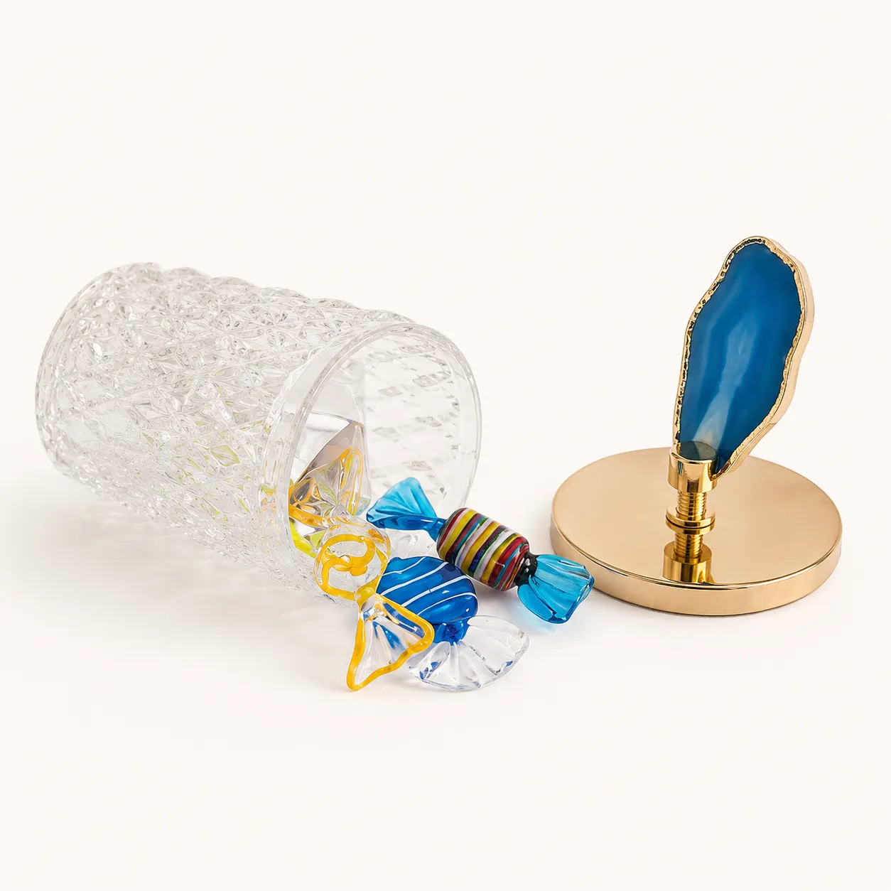 Frasco decorativo facetado con ágata, Transparente y azul (7*7*18cm)