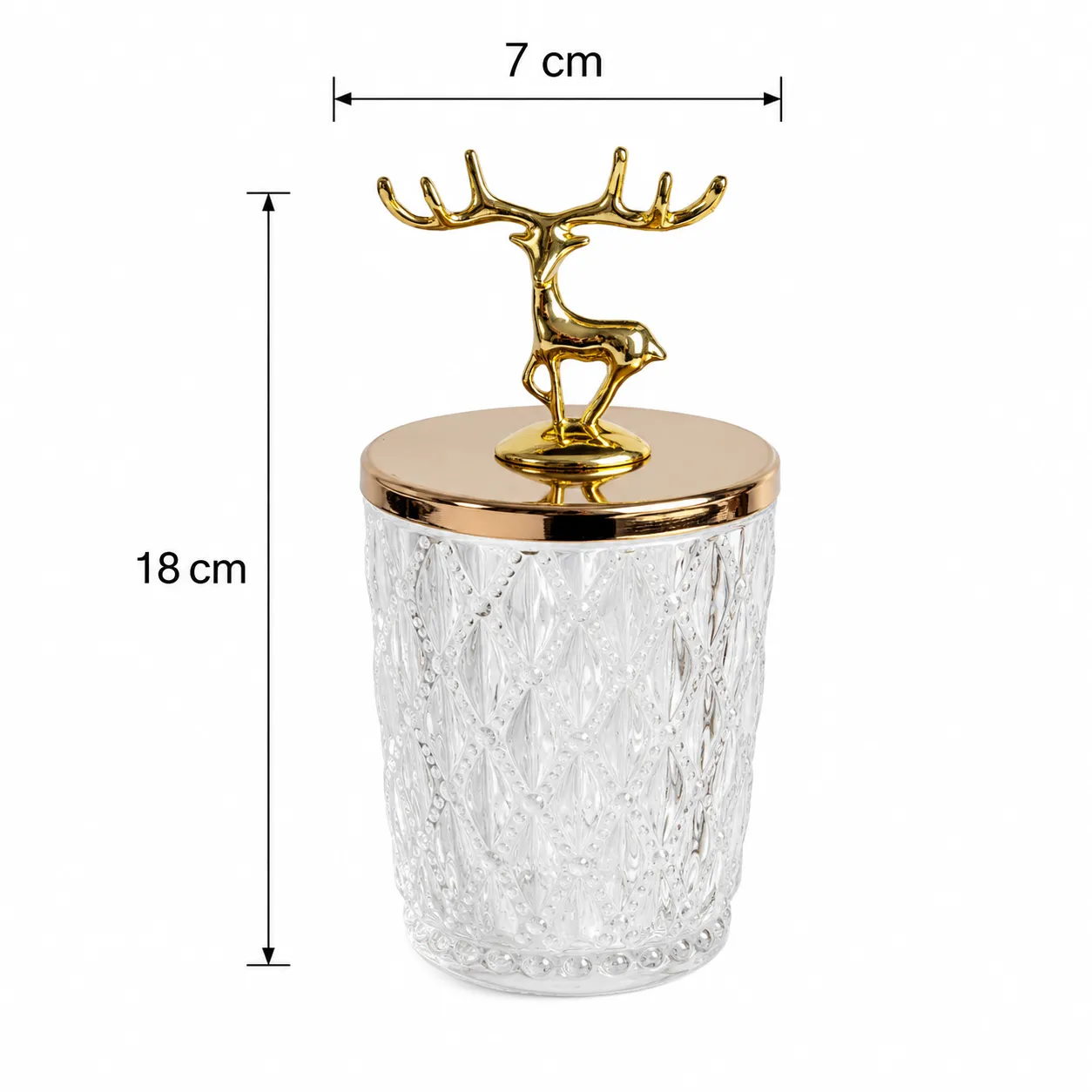 Frasco decorativo facetado con venado pequeño, Transparente y dorado (7*7*18cm)