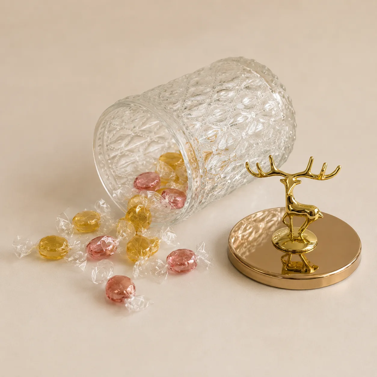 Frasco decorativo facetado con venado pequeño, Transparente y dorado (7*7*18cm)