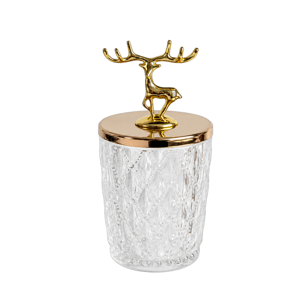 Frasco decorativo facetado con venado pequeño, Transparente y dorado (7*7*18cm)