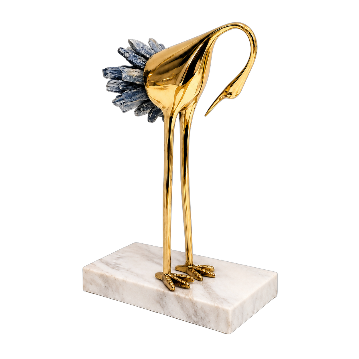 Garza de acero inoxidable con cola de cuarzo sobre mármol, Dorado y gris azulado (14*8*22cm)