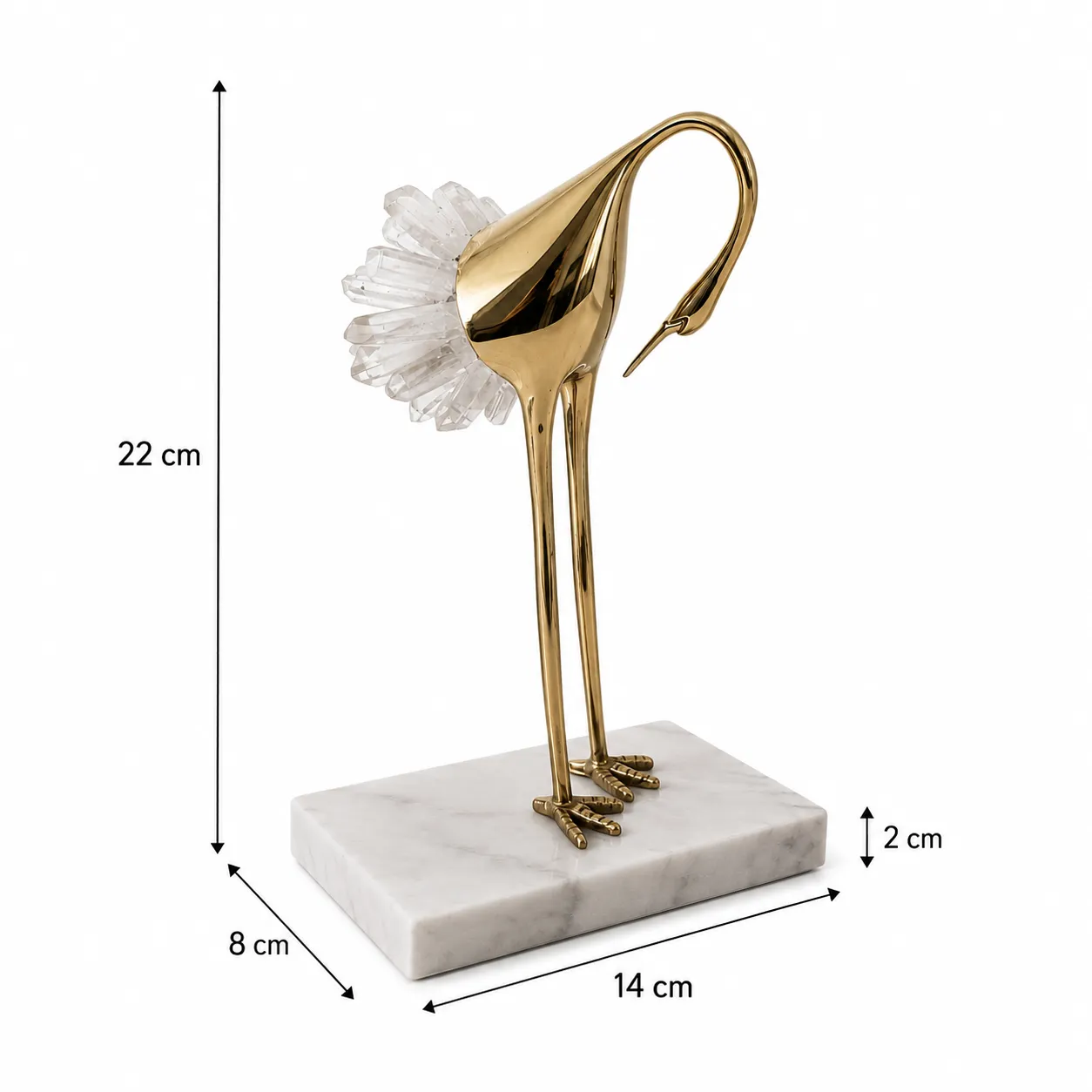 Garza de acero inoxidable con cola de cuarzo sobre mármol, Dorado y blanco (14*8*22cm)