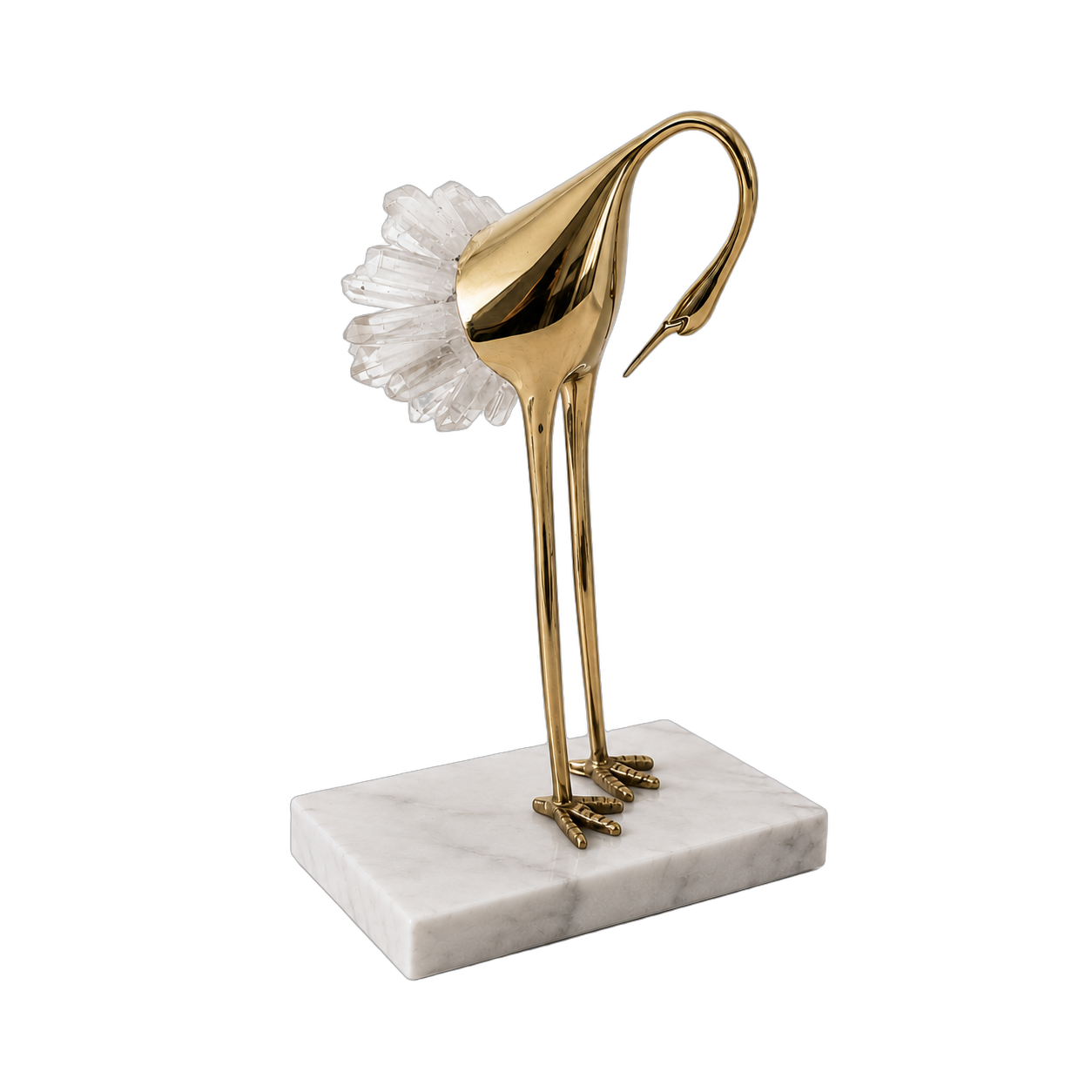 Garza de acero inoxidable con cola de cuarzo sobre mármol, Dorado y blanco (14*8*22cm)
