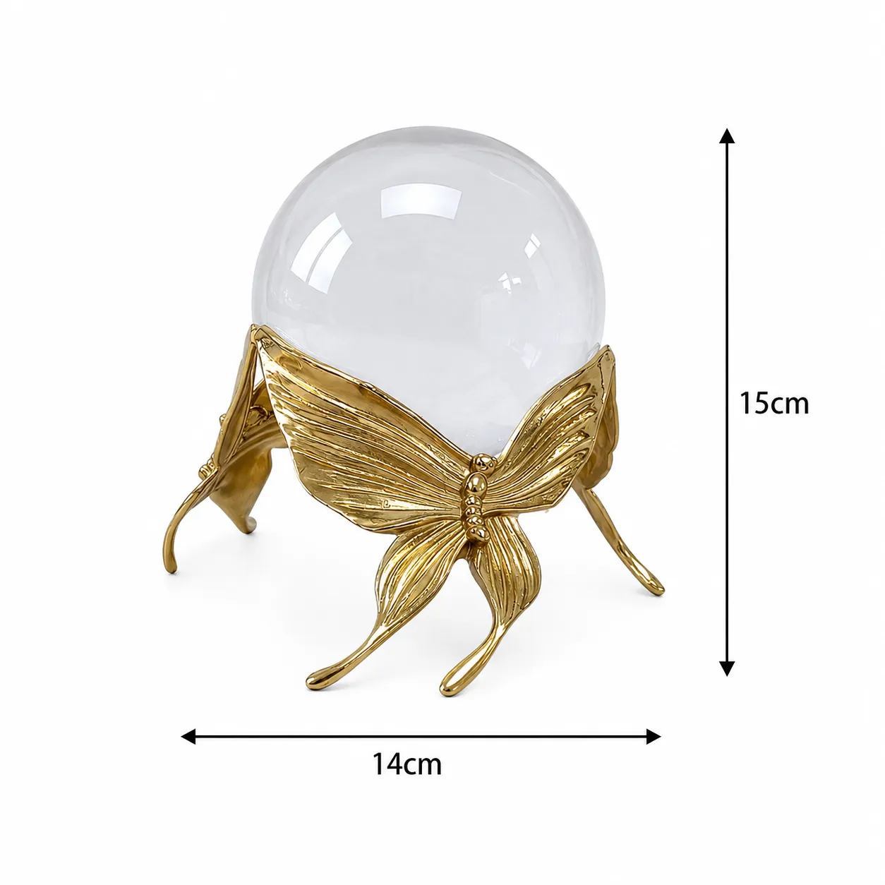 Adorno esfera de cristal sobre mariposas de acero inoxidable grande, Dorado (14*14*15cm)