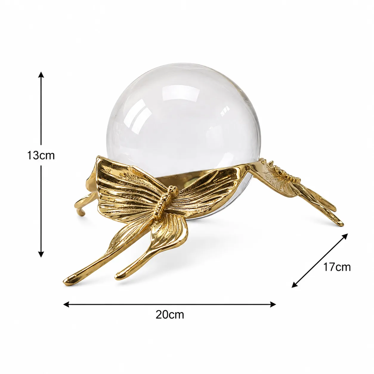 Adorno esfera de cristal sobre mariposas de acero inoxidable pequeño, Dorado (20*17*13cm)