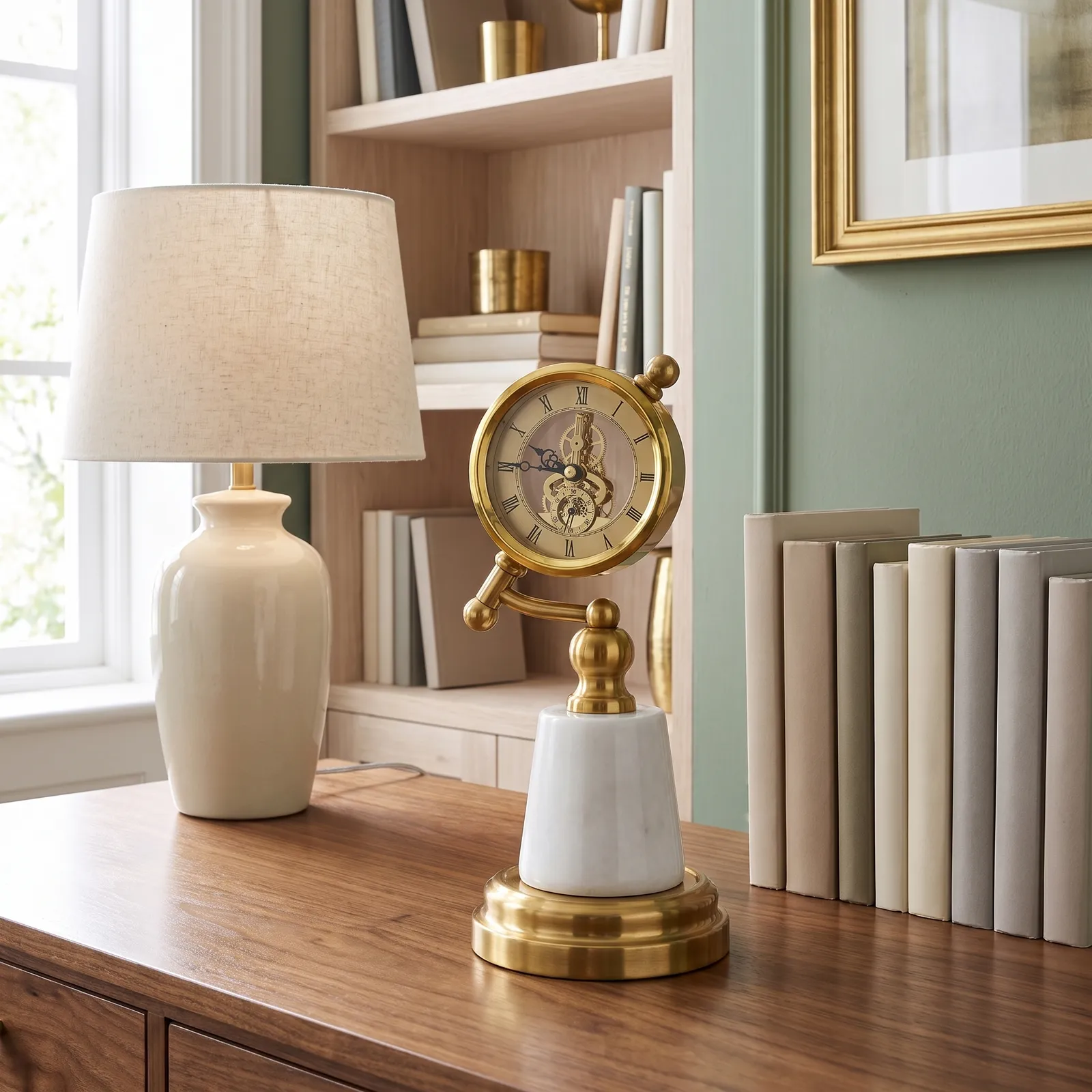 Reloj de mesa sobre pedestal de mármol, Dorado (12*28cm)