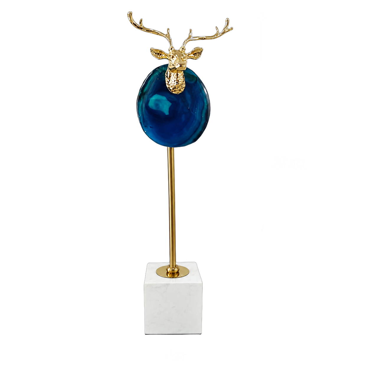 Adorno de acero inoxidable y ágata, con cabeza de venado sobre mármol grande, Azul y dorado (14*8*57cm)