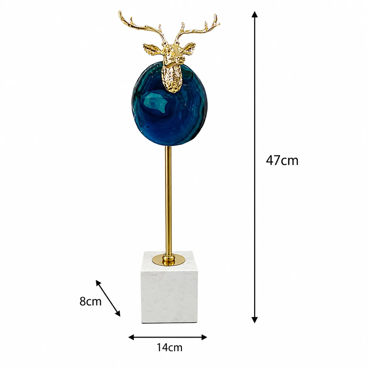 Adorno de acero inoxidable y ágata, con cabeza de venado sobre mármol mediano, Azul y dorado (14*8*47cm)