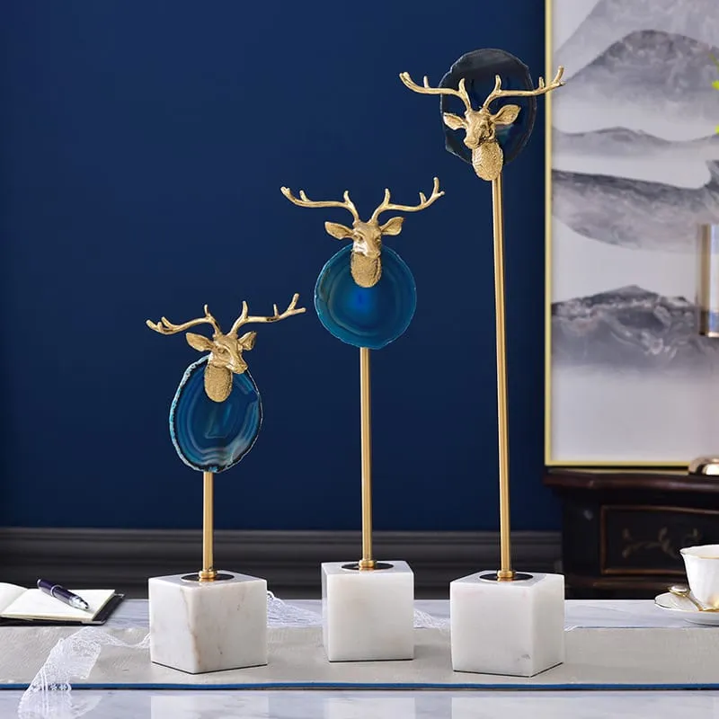 Adorno de acero inoxidable y ágata, con cabeza de venado sobre mármol mediano, Azul y dorado (14*8*47cm)