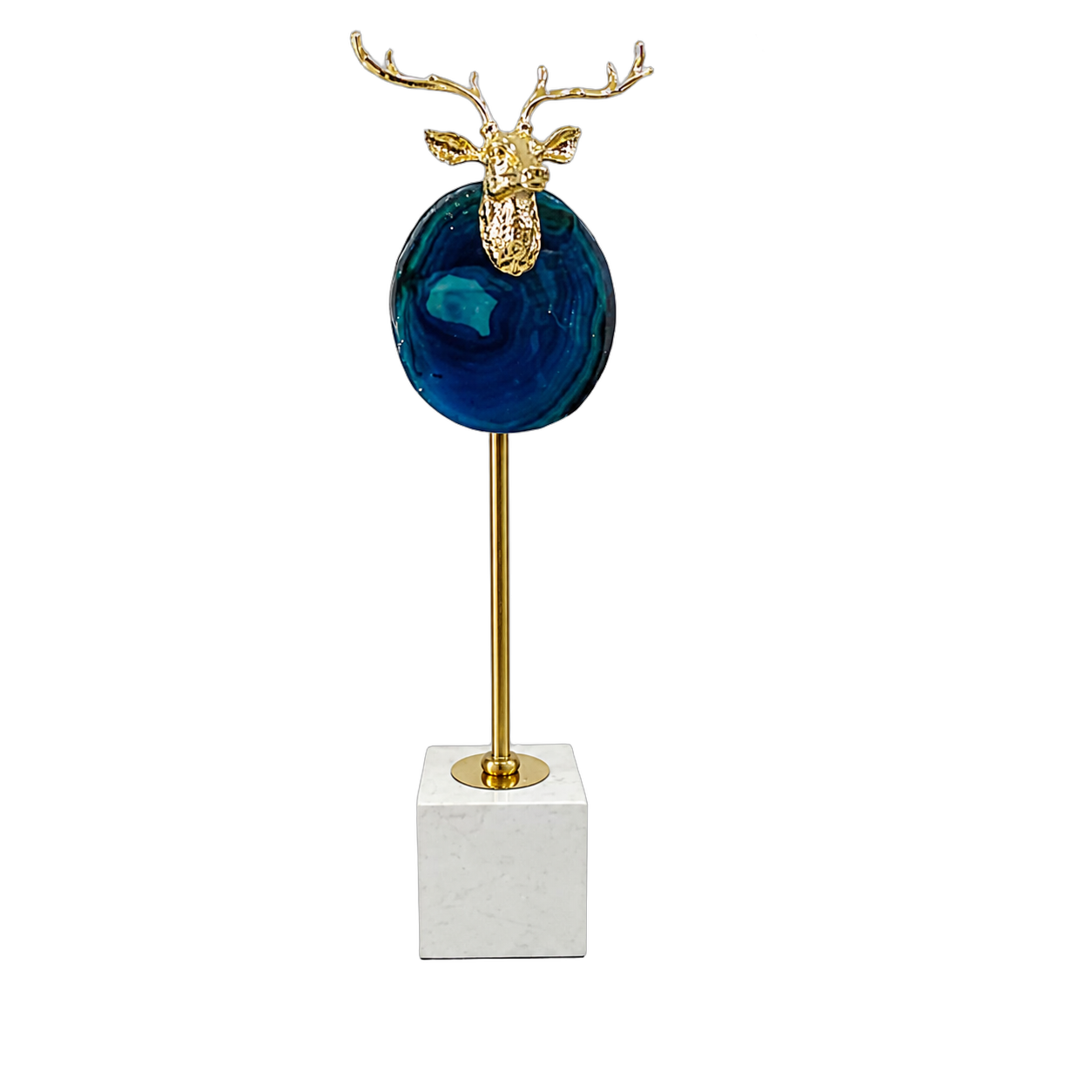 Adorno de acero inoxidable y ágata, con cabeza de venado sobre mármol mediano, Azul y dorado (14*8*47cm)
