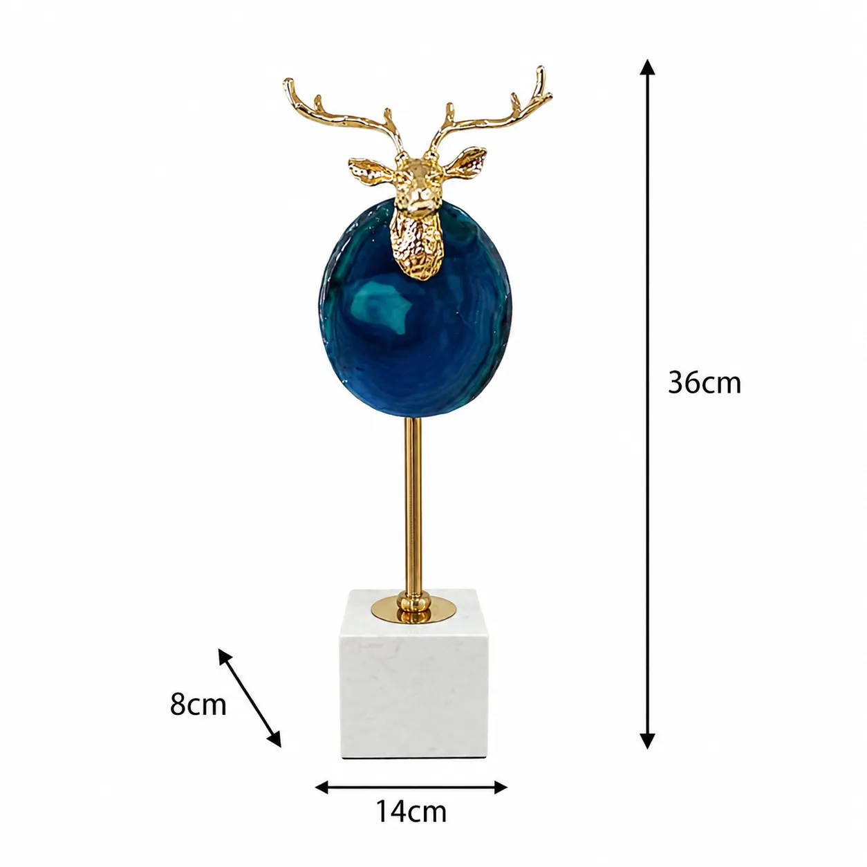 Adorno de acero inoxidable y ágata, con cabeza de venado sobre mármol pequeño, Azul y dorado (14*8*36cm)