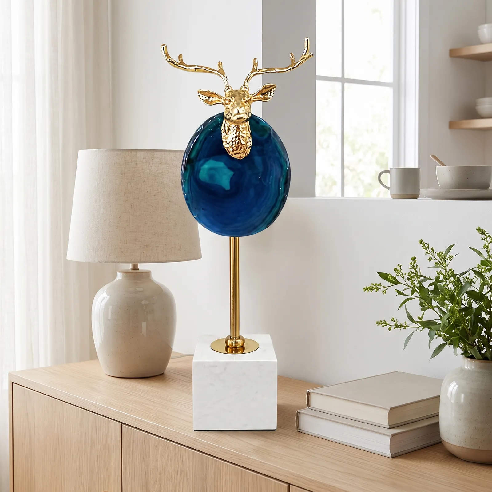 Adorno de acero inoxidable y ágata, con cabeza de venado sobre mármol pequeño, Azul y dorado (14*8*36cm)