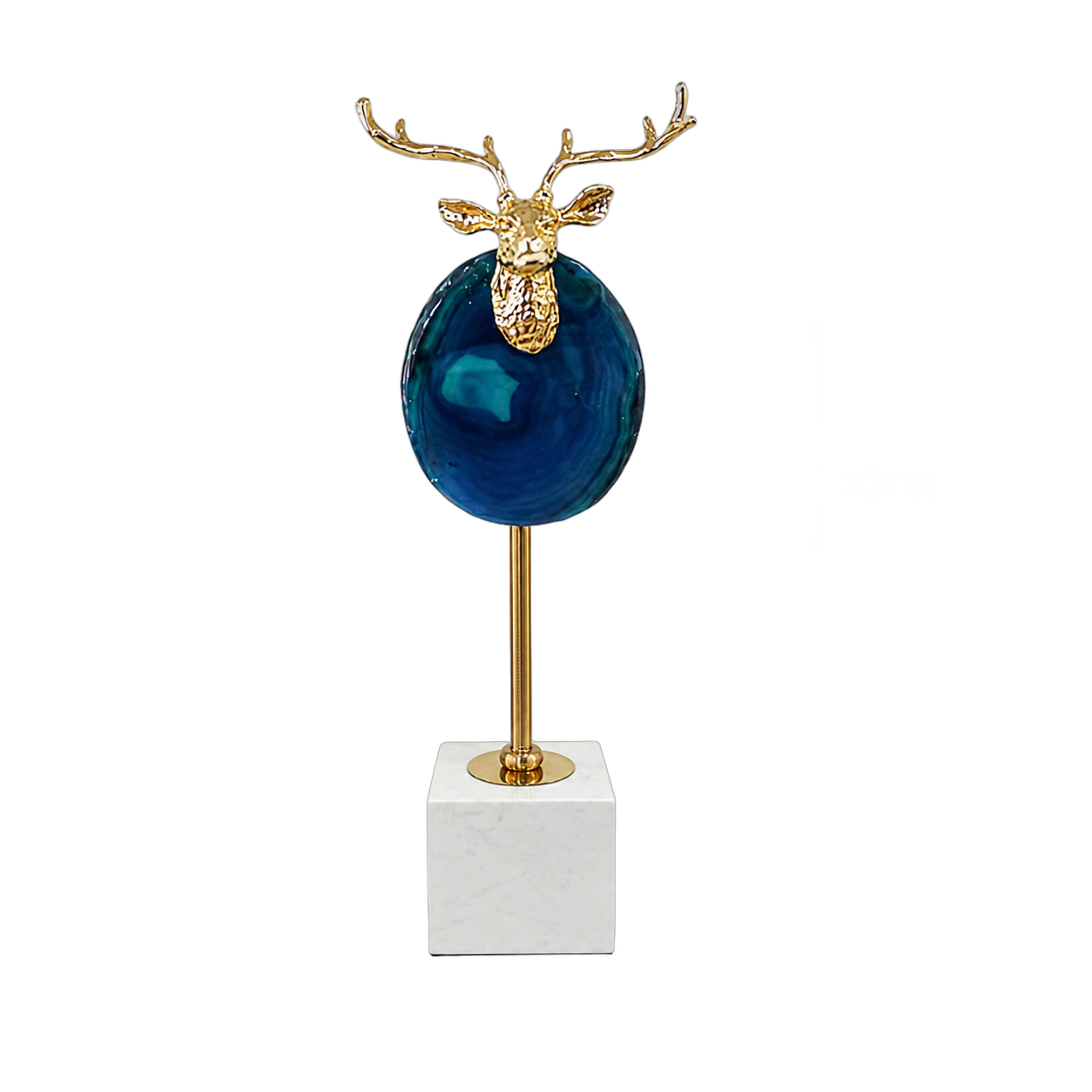 Adorno de acero inoxidable y ágata, con cabeza de venado sobre mármol pequeño, Azul y dorado (14*8*36cm)