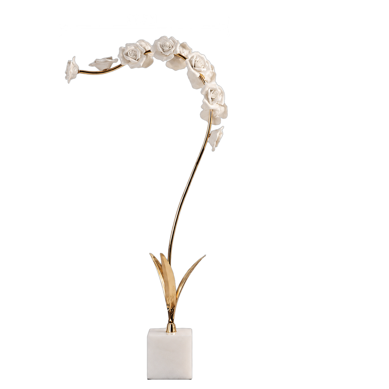 Adorno de acero inoxidable rama curva con rosas de porcelana blancas sobre base de mármol, Grande (30*63cm)