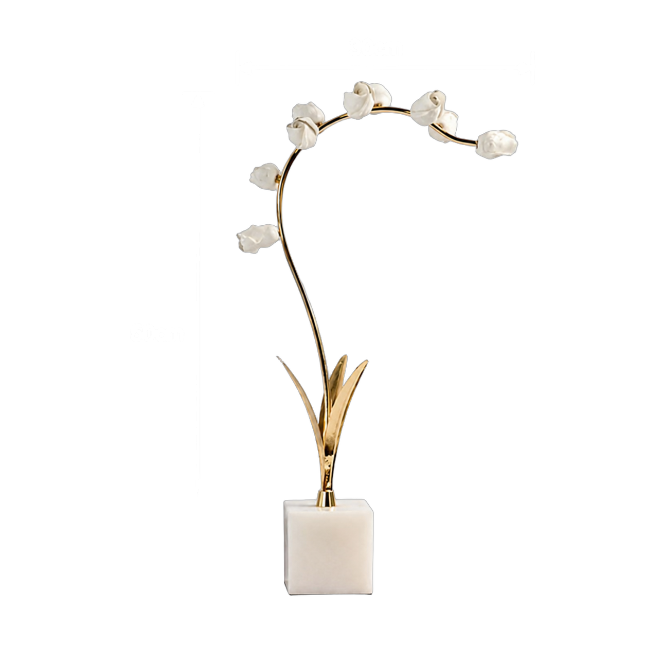 Adorno de acero inoxidable rama curva con rosas de porcelana blancas sobre base de mármol, Pequeño (30*50cm)