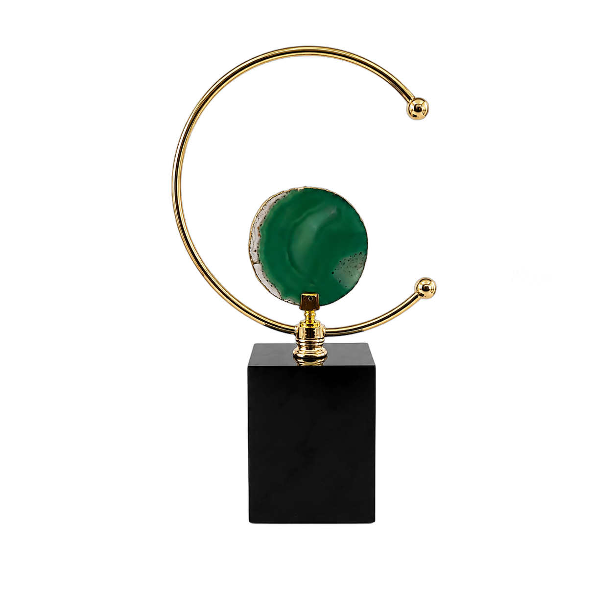 Adorno de aro con ágata verde sobre base de mármol grande, Negro (15*7*28cm)