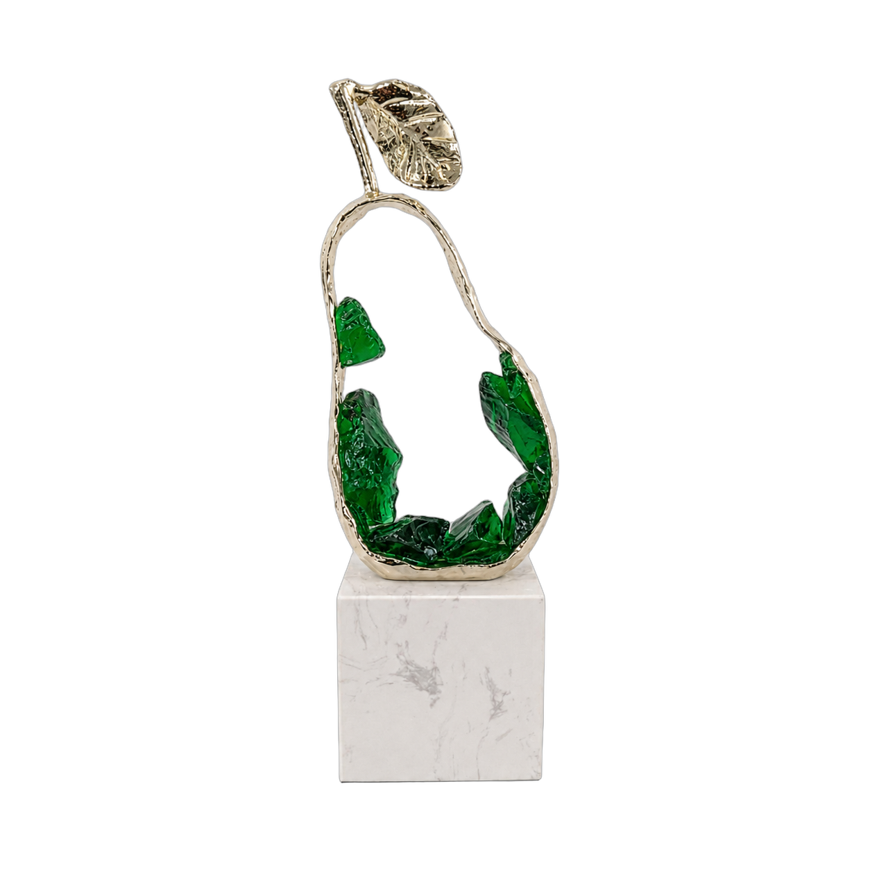 Adorno de pera decorativa de acero inoxidable sobre base de mármol, grande, Verde y dorado (11*8*28cm)