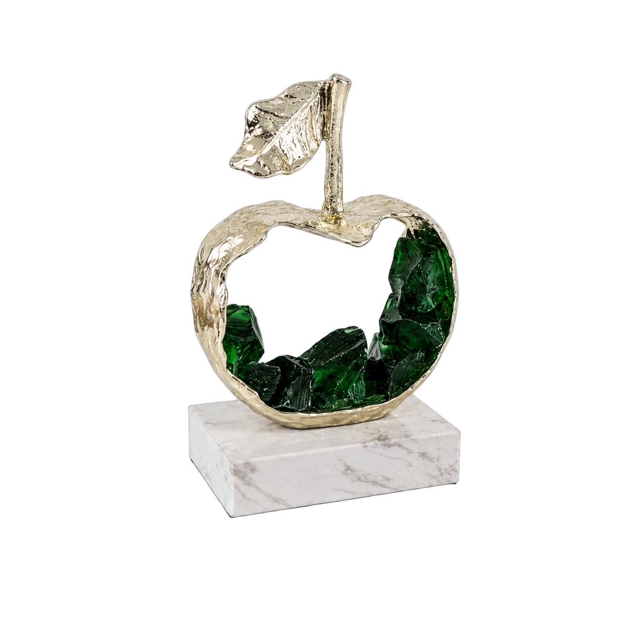 Adorno de manzana decorativa de acero inoxidable sobre base de mármol, pequeño, Verde y dorado (13*10*15cm)
