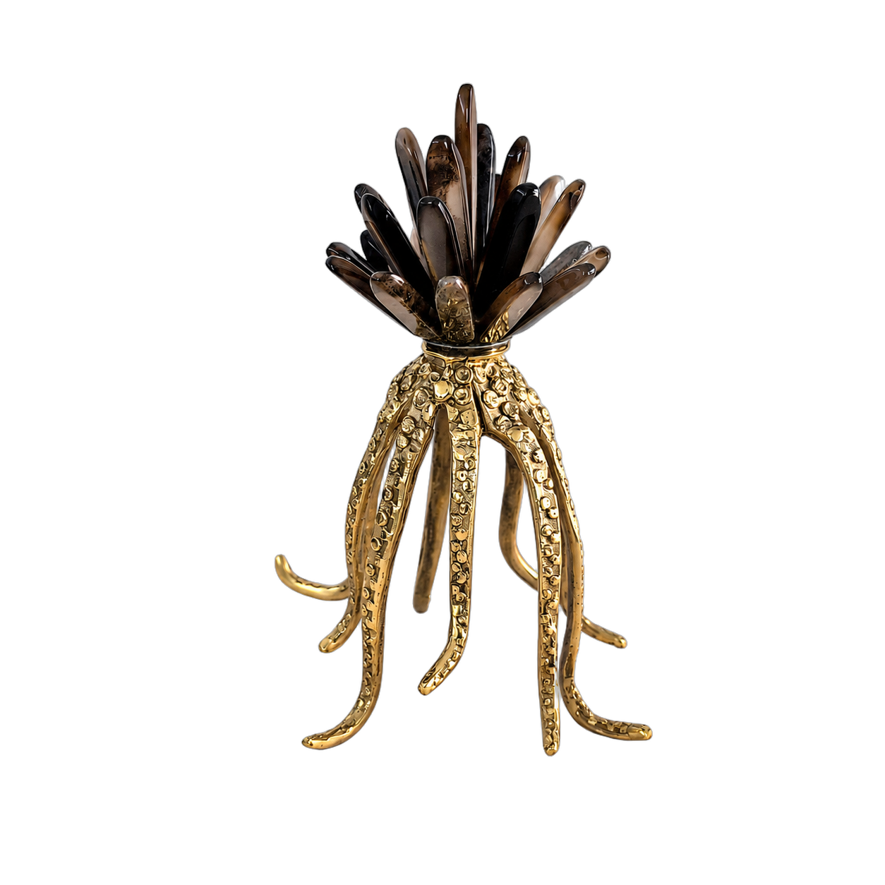 Pulpo de piedra shungita natural absorbedor de radiación y base de acero inoxidable, Negro y dorado (15*15*20cm)