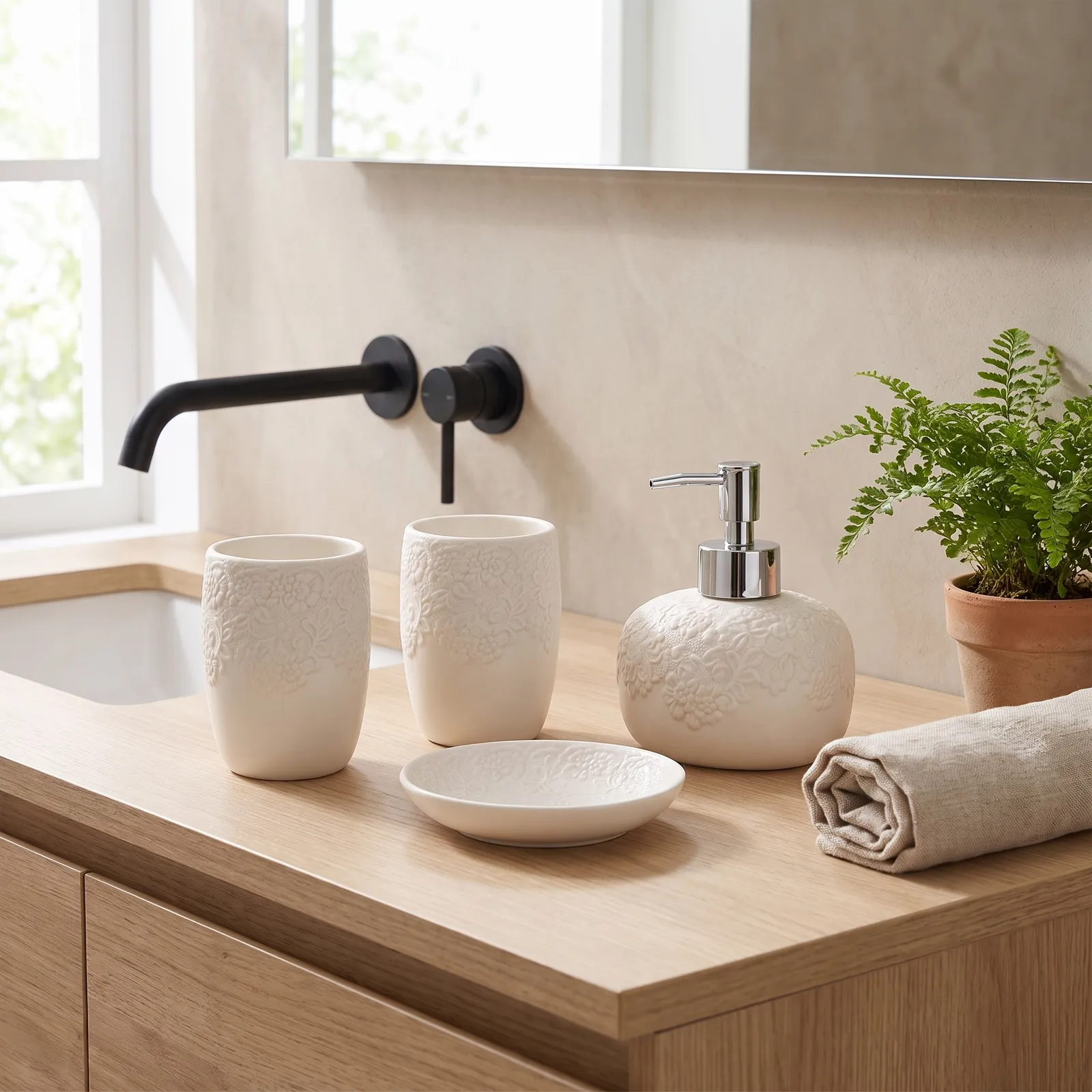 Set de baño de cerámica 4 piezas, Blanco (dispensador 11.7*13cm) (vaso 7.7*10cm) (jabonera 11.6*9.9*2.4cm)