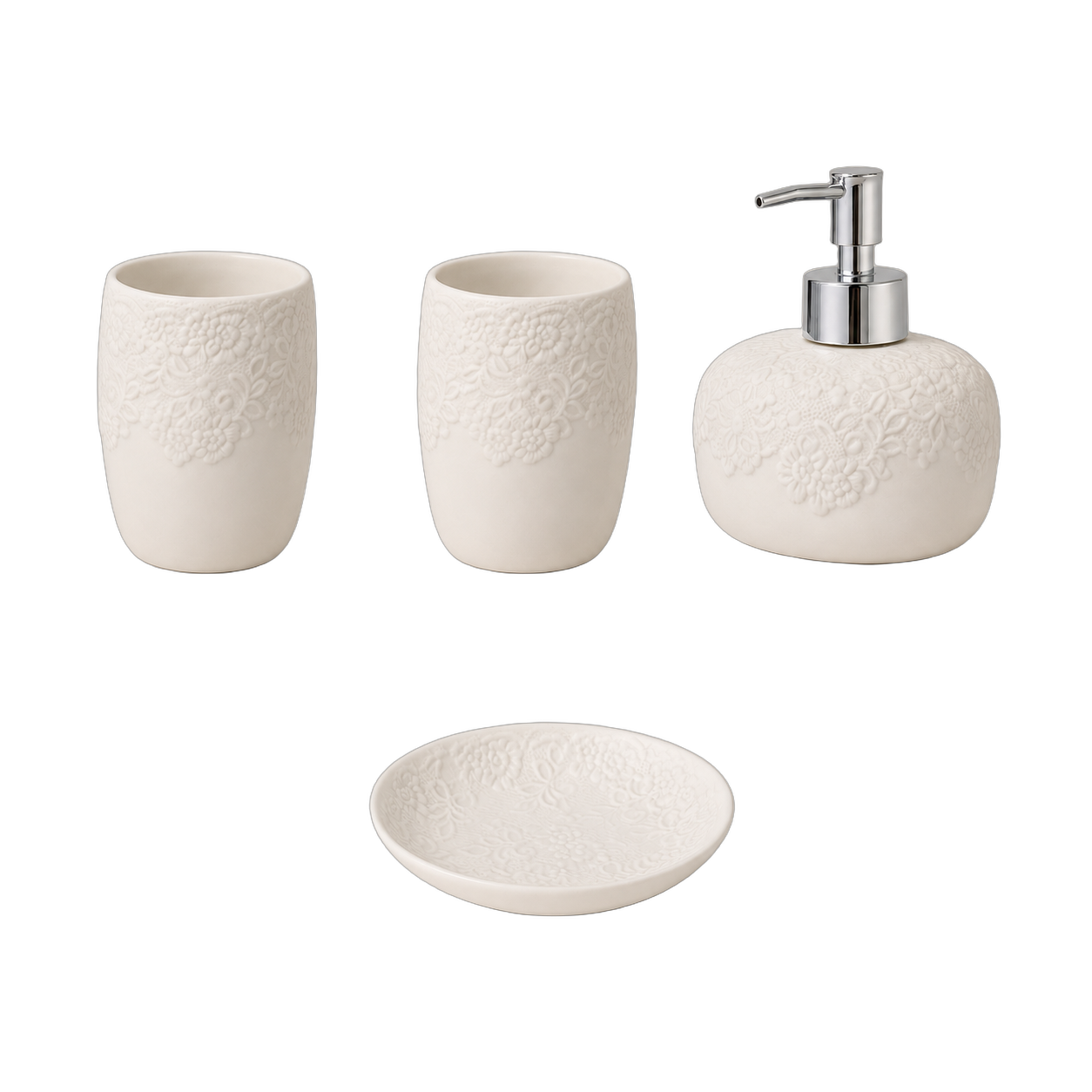 Set de baño de cerámica 4 piezas, Blanco (dispensador 11.7*13cm) (vaso 7.7*10cm) (jabonera 11.6*9.9*2.4cm)