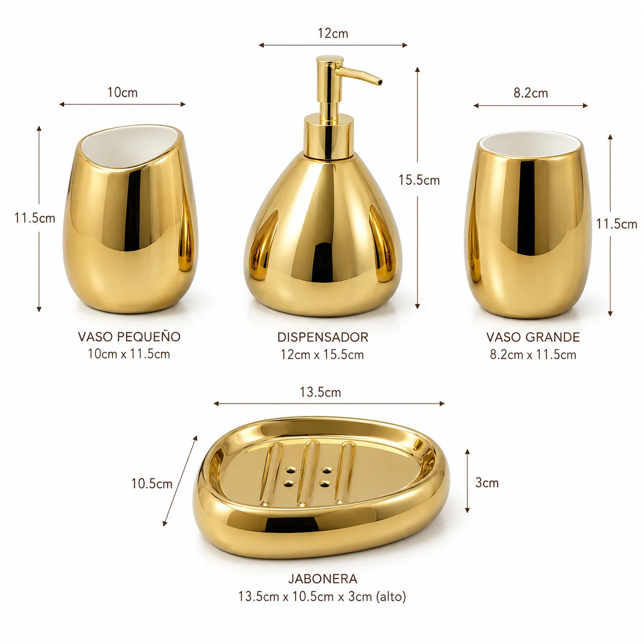 Set de baño de cerámica jaspeada 4 piezas, Dorado (dispensador 12*15.5cm) (vaso grande 8.2*11.5cm) (vaso peq 10*11.5cm) (jabonera 13.5*10.5*3cm)