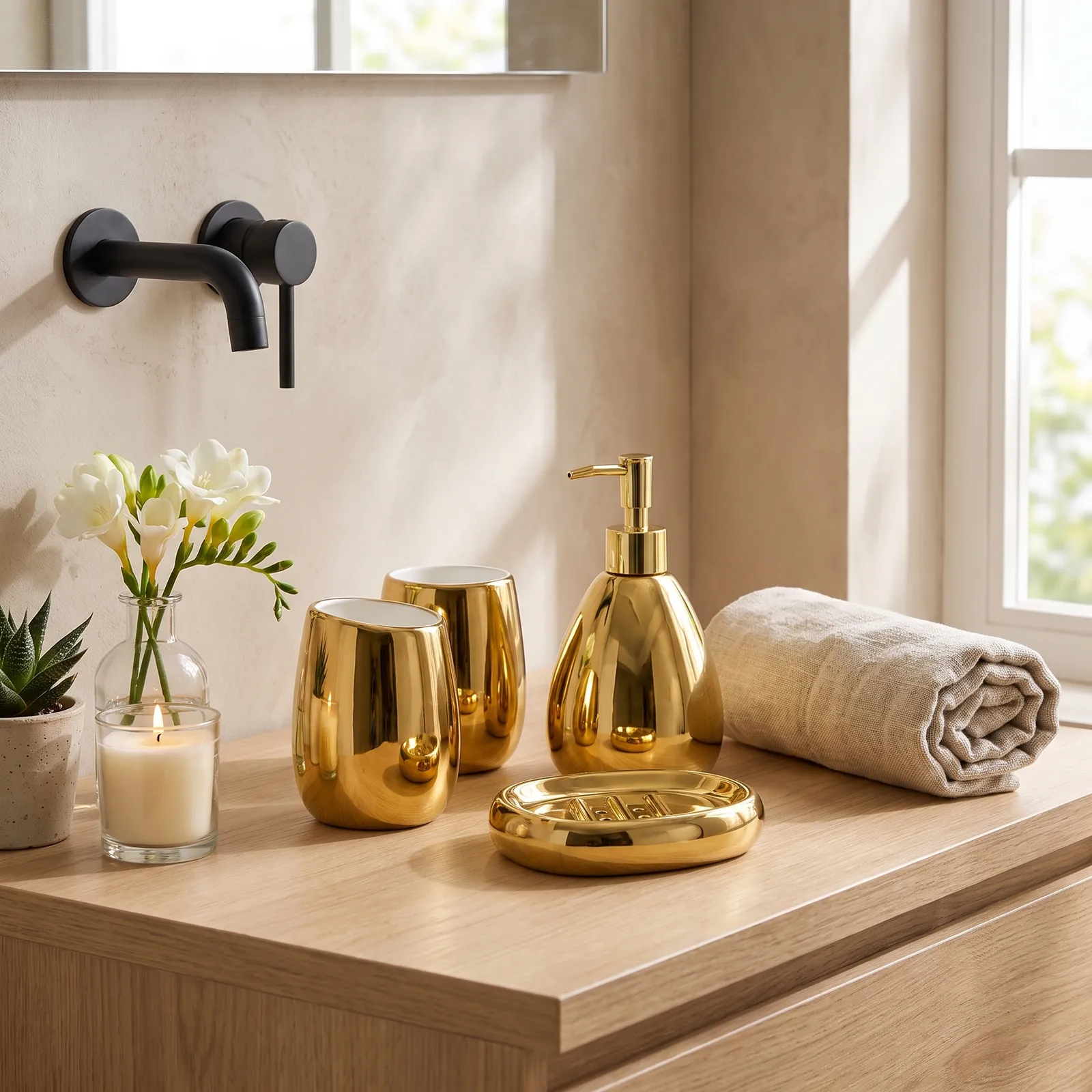 Set de baño de cerámica jaspeada 4 piezas, Dorado (dispensador 12*15.5cm) (vaso grande 8.2*11.5cm) (vaso peq 10*11.5cm) (jabonera 13.5*10.5*3cm)