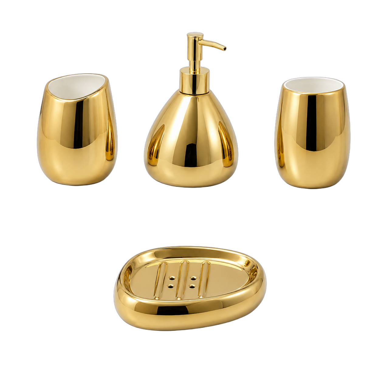 Set de baño de cerámica jaspeada 4 piezas, Dorado (dispensador 12*15.5cm) (vaso grande 8.2*11.5cm) (vaso peq 10*11.5cm) (jabonera 13.5*10.5*3cm)