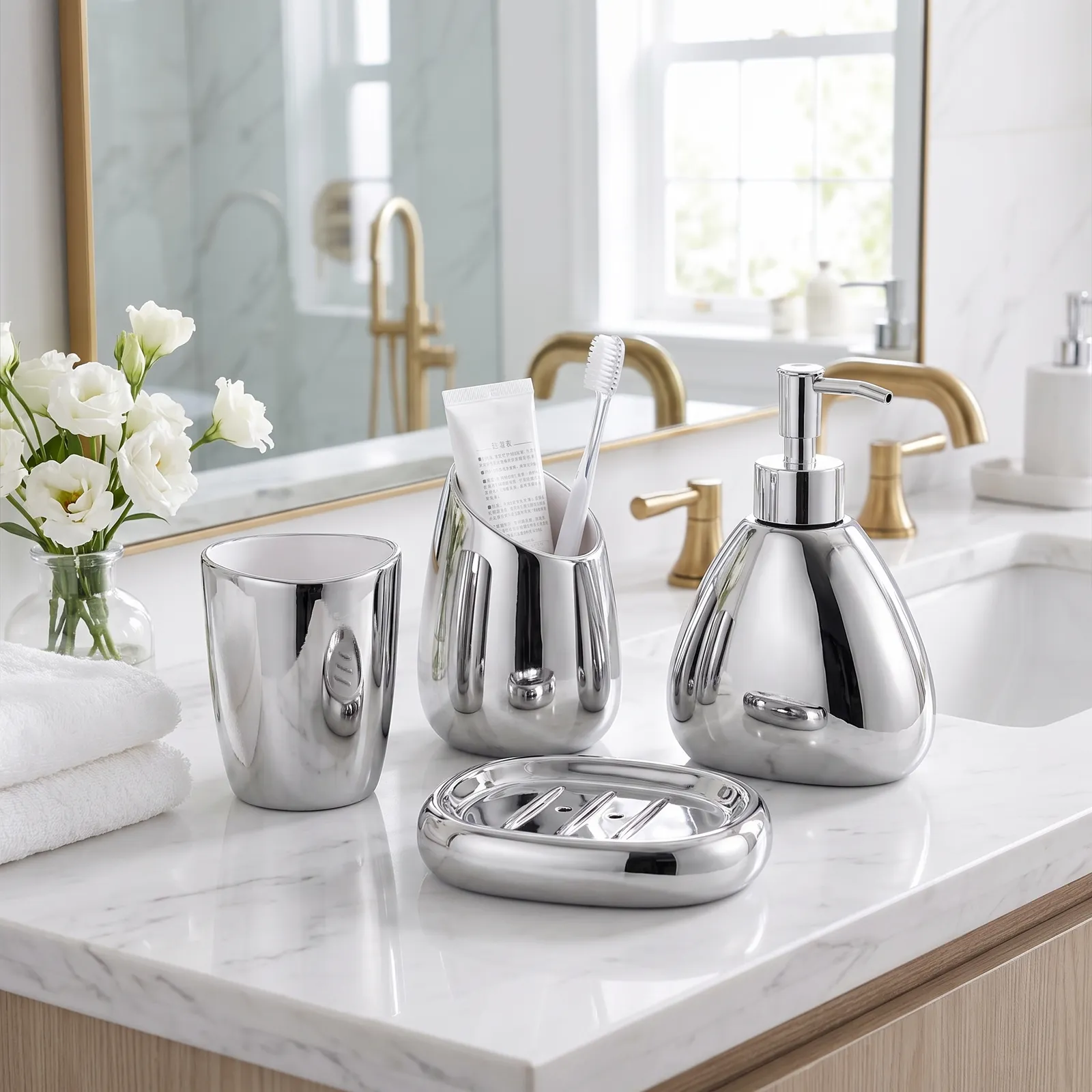 Set de baño de cerámica 4 piezas, Plateado (dispensador 12*15.5cm) (vaso grande 8.2*11.5cm) (vaso peq 10*11.5cm) (jabonera 13.5*10.5*3cm)