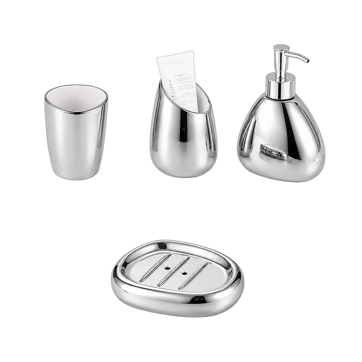 Set de baño de cerámica 4 piezas, Plateado (dispensador 12*15.5cm) (vaso grande 8.2*11.5cm) (vaso peq 10*11.5cm) (jabonera 13.5*10.5*3cm)