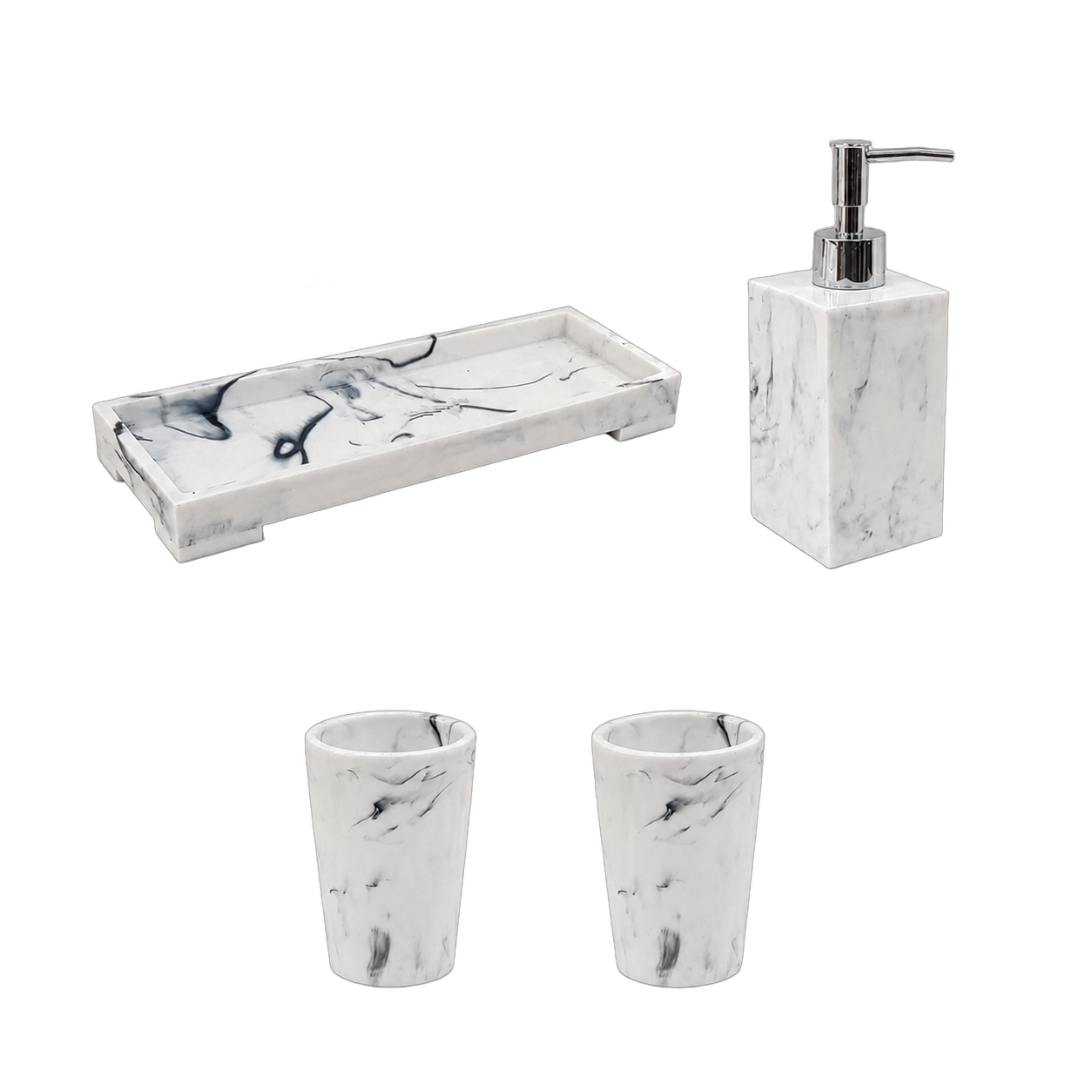Set de baño de resina 4 piezas, Blanco marmoleado plateado (Bandeja 30*12) (dispensador 7*20) (vaso 7*10)