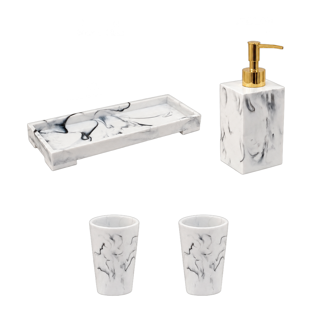 Set de baño de resina 4 piezas, Blanco marmoleado dorado (Bandeja 30*12) (dispensador 7*20) (vaso 7*10)