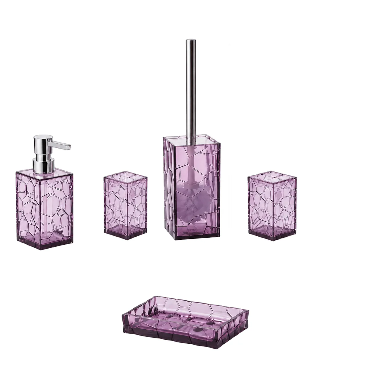 Set de baño acrílico 5 piezas, Lila (mano de oso 8.5*36cm) (dispensador 6.5*16.5cm) (vaso 6.5*10cm) (jabonera 12*8.5*2.5cm)