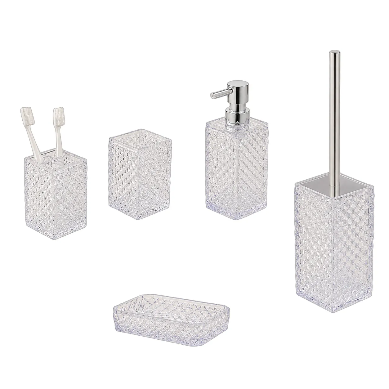 Set de baño acrílico 5 piezas Transparente (mano de oso 8.5*36cm) (dispensador 6.5*16.5cm) (vaso 6.5*10cm) (jabonera 12*8.5*2.5cm)