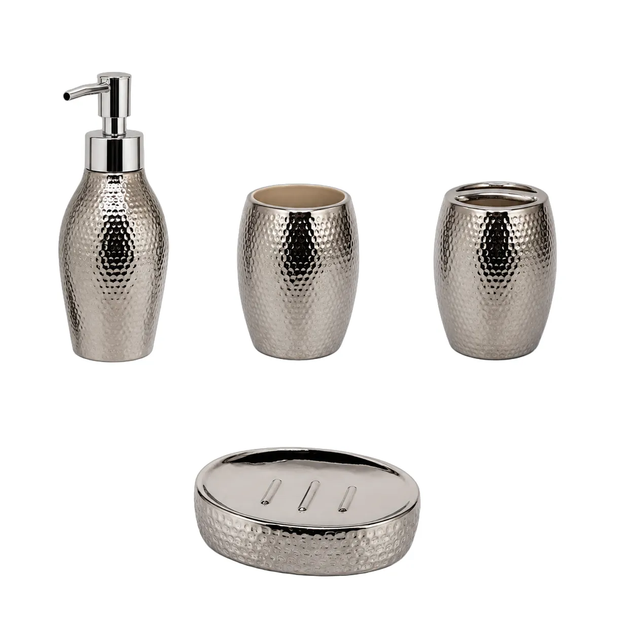 Set de baño cerámica 4 piezas, Plateado (dispensador 7*20cm) (vaso 7*10.5cm) (jabonera 12*9*3cm)